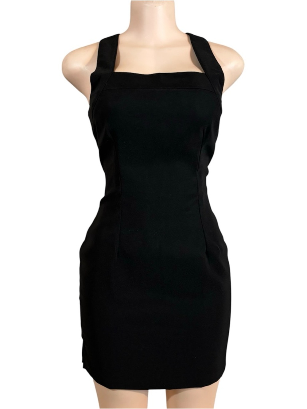 Vtg 90s Mini Dress Sleeveless Size 4/6 Black Square Neck Slit Grunge Y2K Goth